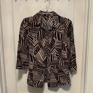 East 5th Geometric Print Button-Front Linen Blend Top in Brown Tan & Black Small